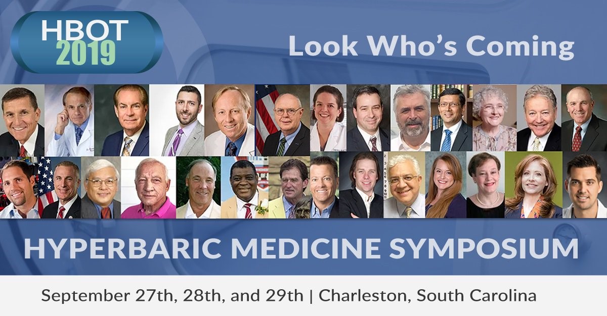 HBOT 2019 hyperbaric oxygen therapy conference Look Who's coming banner, 27 portraits are displayed, including Hans Eng. Hyperbaric Medicine Symposium, September 27th, 28th, and 29th in Charleston, South Carolina 