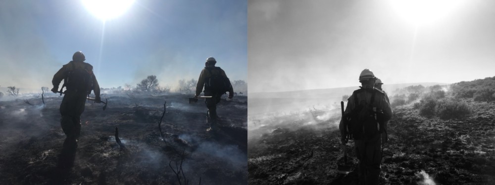 Two pictures, both showing firemen walking through the blackened wasteland left behind after a wildfire. Smoke fills the air and continues to rise from the ground
