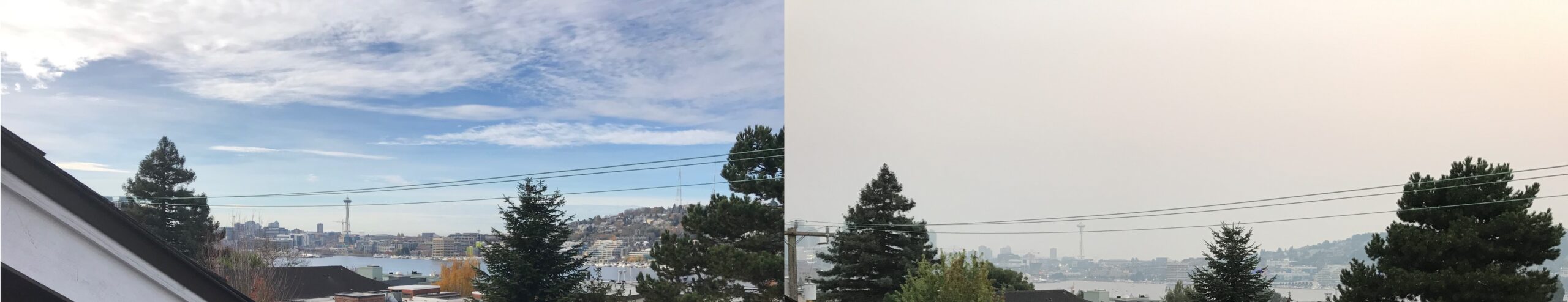 Two pictures beside each other, the first showing clear blue sky in Seattle, and the second showing the sky filled with smoke from a wildfire